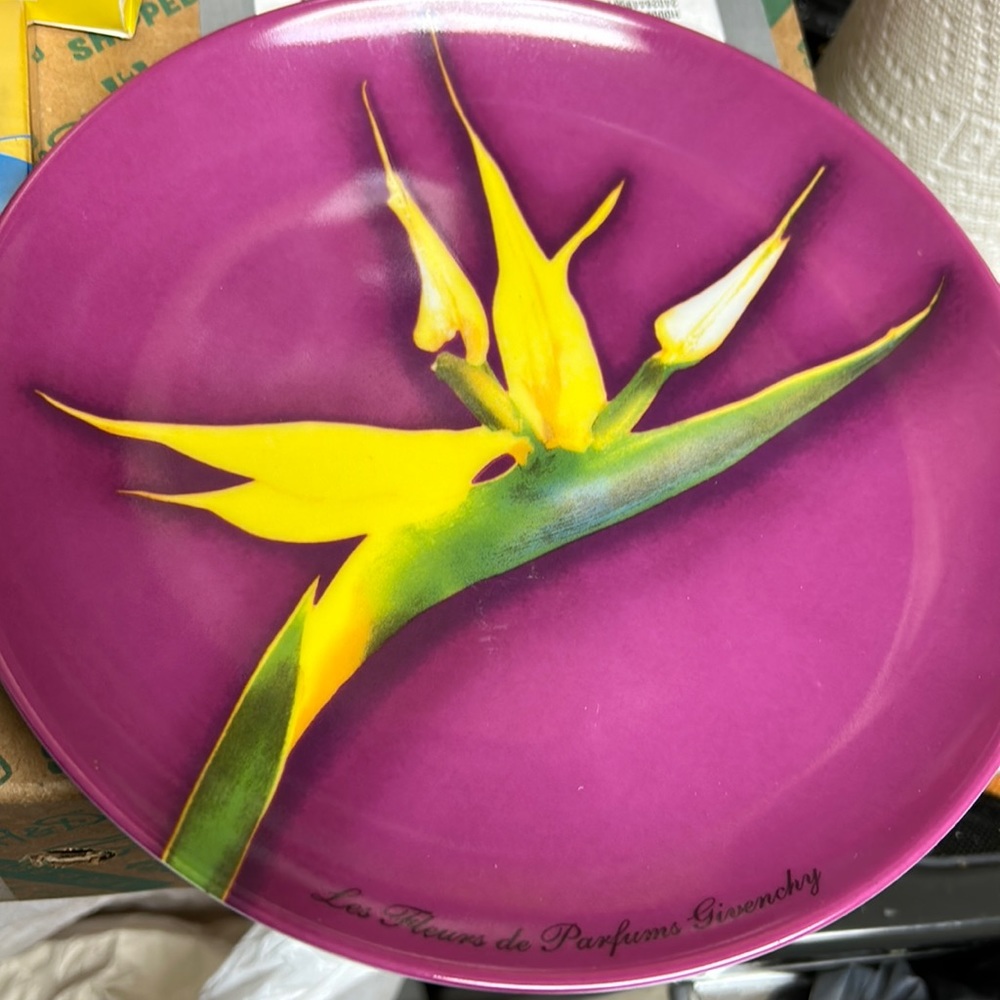 Givenchy!! Vintage Pair signed floral Salad Plates Bird of Paradise & Calla Lily